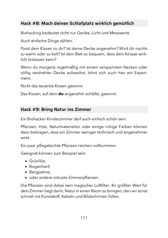 Hack #8 und Hack #9 aus dem Schlafkapitel – Rund 60 einzelne Hacks ziehen sich durch das Buch – kurz, konkret und sofort ausprobierbar.