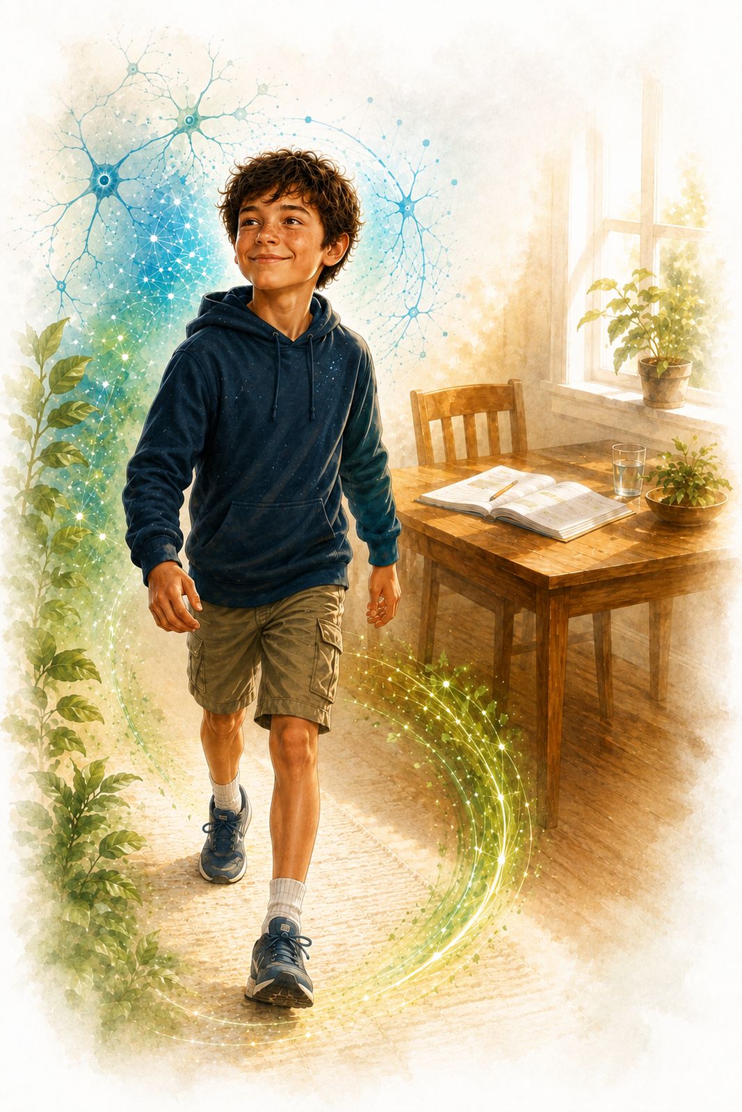 Illustration aus dem Buch: ein Junge geht zum Schreibtisch, um ihn herum Nervenzellen und ein grüner Energiebogen